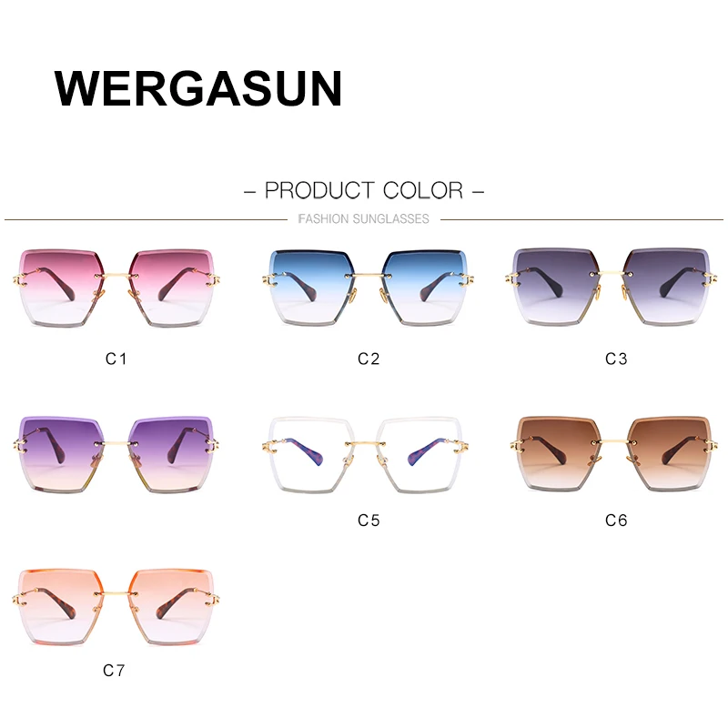 

WERGASUN Square Rimless Sunglasses Women Summer Red Glasses Fashion Luxury Brand Sunglasses For Men UV400 zonnebril