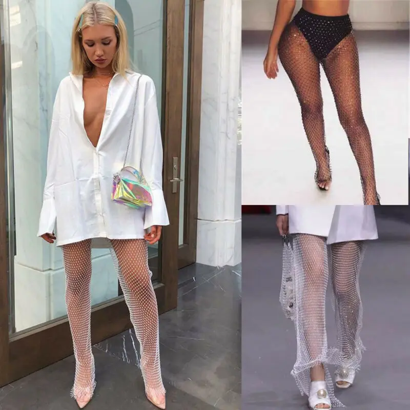 Женские сексуальные брюки-туника бриллиантовые блестящие сетчатые длинные