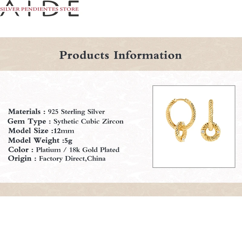 

AIDE Pendientes Plata 925 Sterling Twisted Circles Diamond Earrings For Women Hoops 925 Sliver Earrings Round Gold Earrings