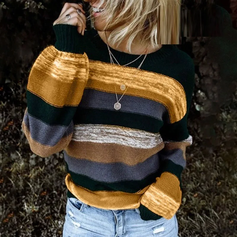 

Autumn Winter Women Sweater Jumper Elegant Striped Print Patchwork Knitted Tops Pullover Casual O Neck Long Sleeve Sweaters Pull