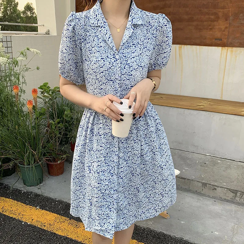 

Summer Sweet Vintage Puff Sleeve Chic Print Shirt Dresses Slim Waist Women Dress New Vestidos