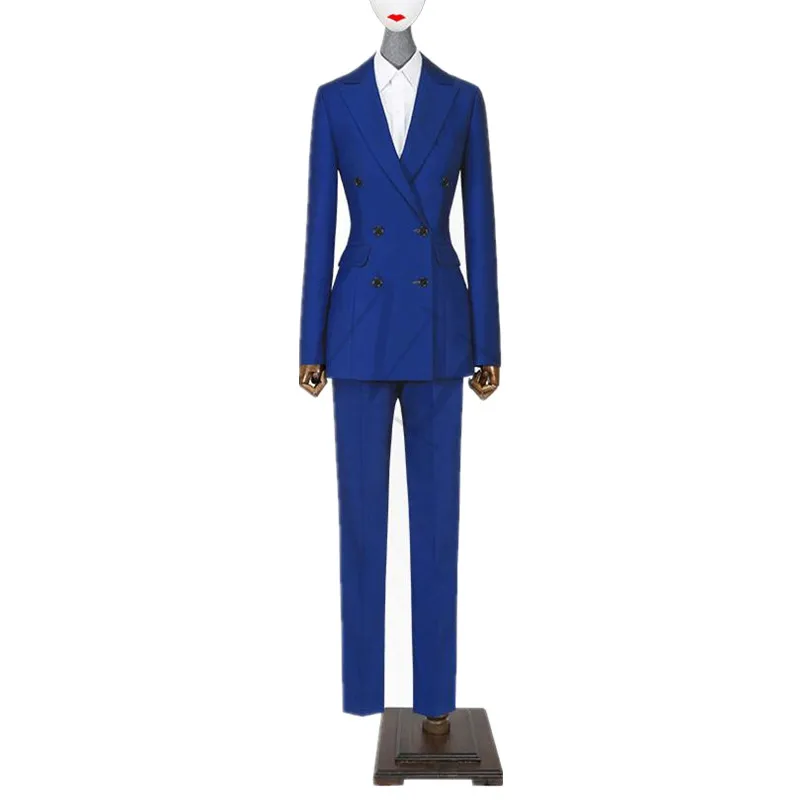 Jacket+Pants Women Business Suit Royal Blue Double Breasted Female Office Uniform Evening Formal Ladies Trouser Suit 2 Piece