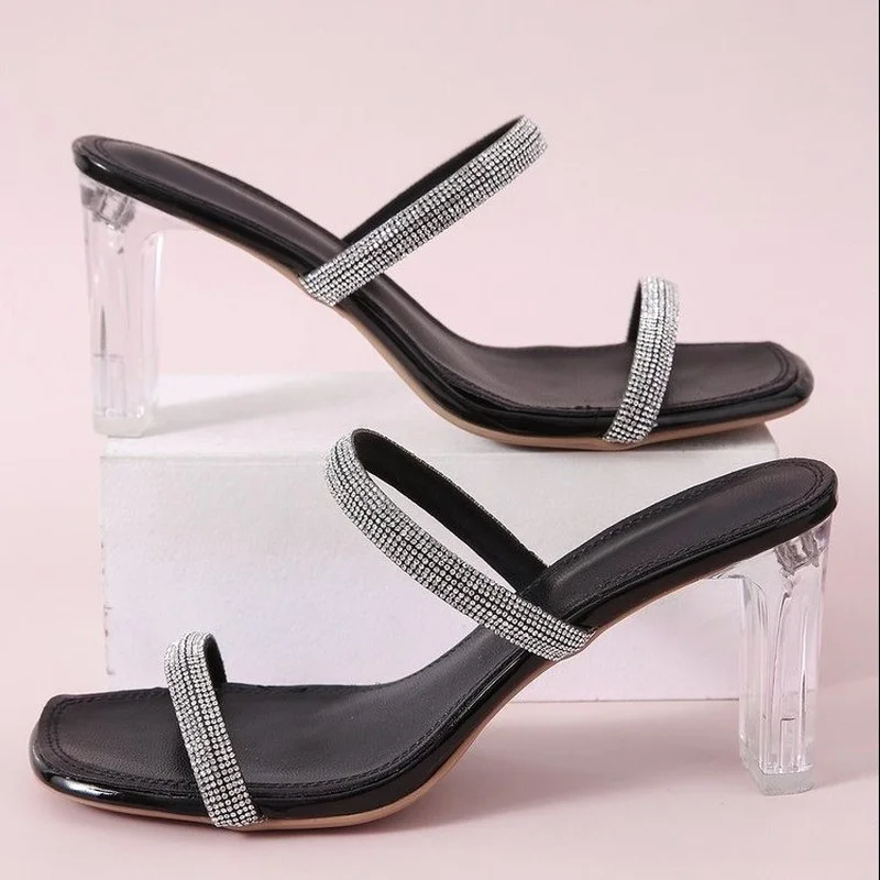 

Slippers Women 2021 Summer New Transparent Crystal High Heels Open Toe Rhinestone Fashion Dress Wedding Party Sexy Slides Women