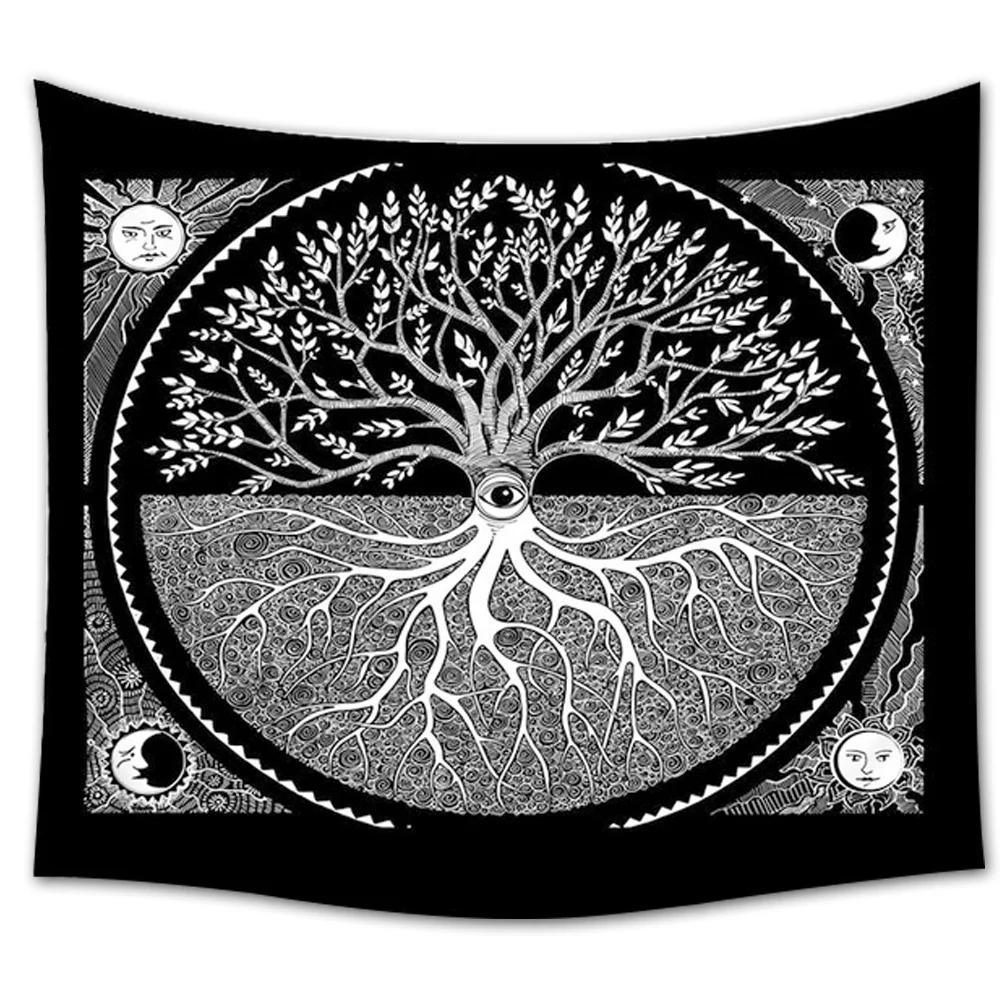 

Black And White Tree Of Life Tapestry Sun Moon Wall Hanging Retro Art Wall Tapestry Multifunction Home Tapestry Room Wall Decor