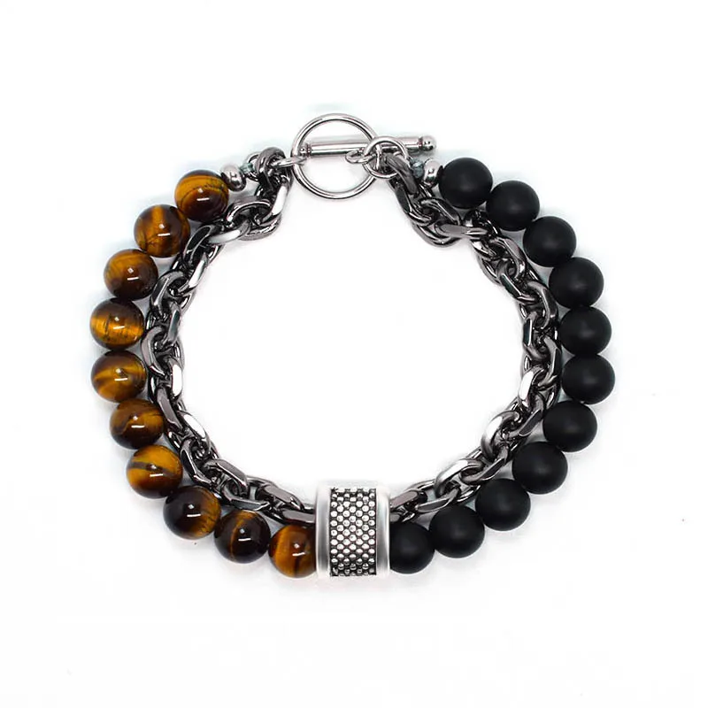 Tiger eye Натуральный камень бусины браслет из Тигрового Глаза Мужская цепочка на руку из нержавеющей стали слой браслет мужские ювелирные изделия стимпанк хип-хоп роскошь - Окраска металла: Tiger eye