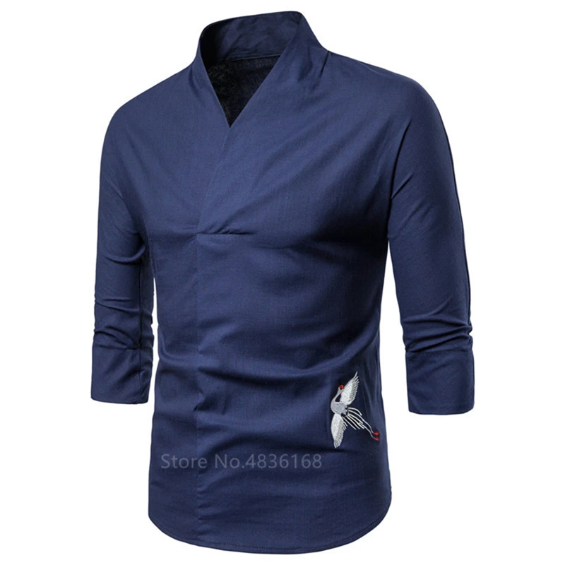 Blue Китайский топ кран Emboridery винтажные рубашки Тан костюм кунг-фу традиционная китайская одежда для мужчин Новогодняя одежда мужской ханьфу - Цвет: Blue