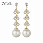 ZAKOL модные высококачественные каплевидные серьги с фианитом и имитацией жемчуга, висячие серьги для женщин, свадебные украшения для вечеринки