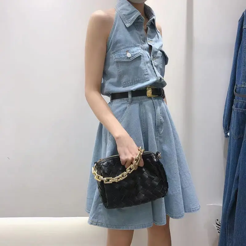 

Summer Women's Elegant Denim Halter Neck Backless Mini Dress Ladies Streetwear A Line Sleeveless Dress Casual Holiday Vestidos