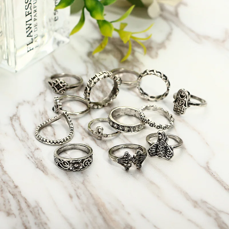 

13 Pcs Fashion Vintage Openwork Carved Elephant Crescent Rings