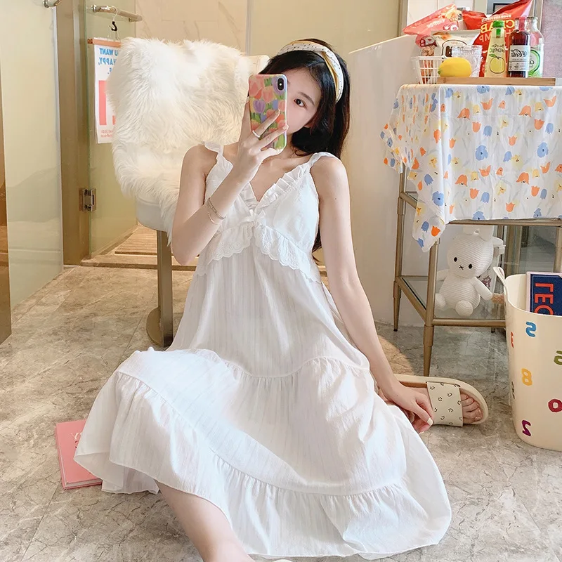 Sweet Court Nightdress Female Summer Princess Wind Day Lace Up Bra Sling Nightgown Sexy Nightwear Female Sleepwear Home Dress
