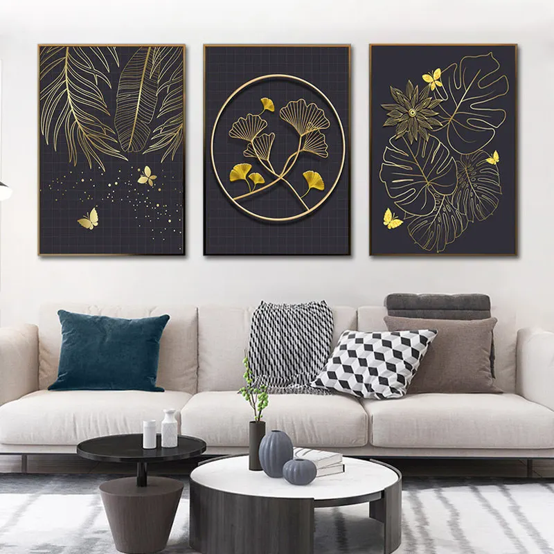 

Abstract Golden Plant Leaves Canvas Painting Modern Luxury Leaf Line Wall Art Poster Picture for Aisle Living Room Decoration
