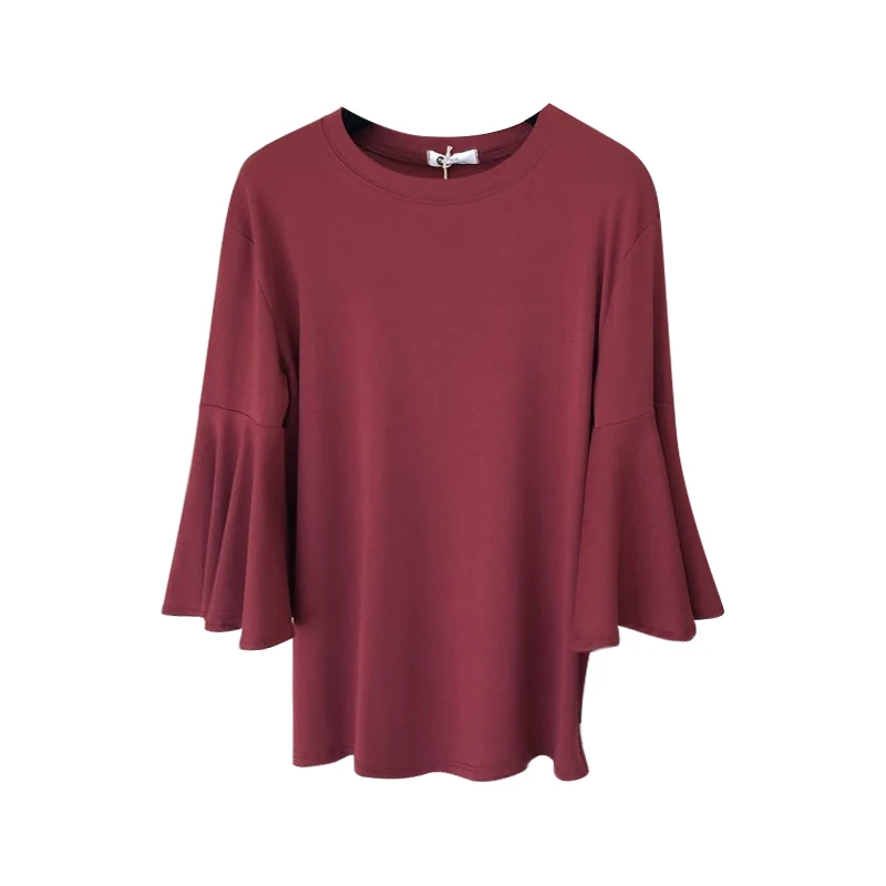

Spring New Temperament Pure Color Round-Neck Flared Sleeves Tshirt Women Loose Simple Tops T-shirt 2021 Femme Fashion Clothing
