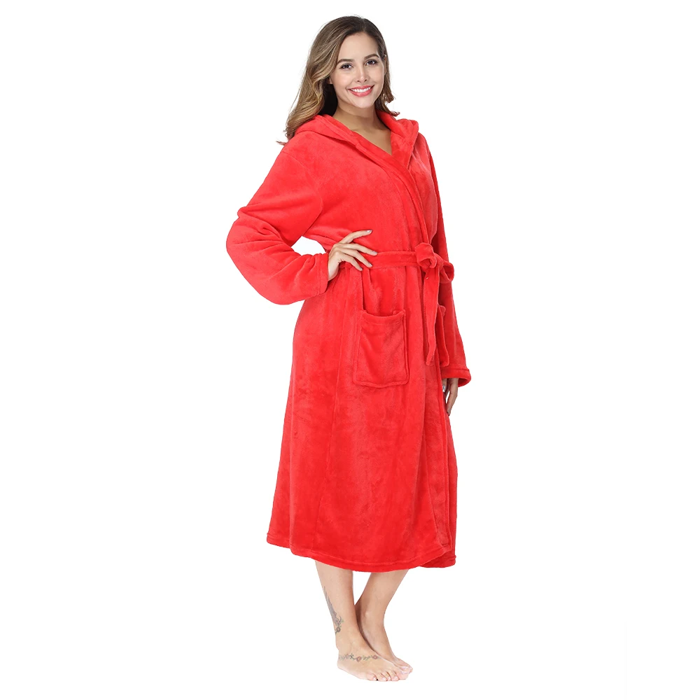 Красные Флисовые женские халаты RONGTAI банные с капюшоном | Женская одежда