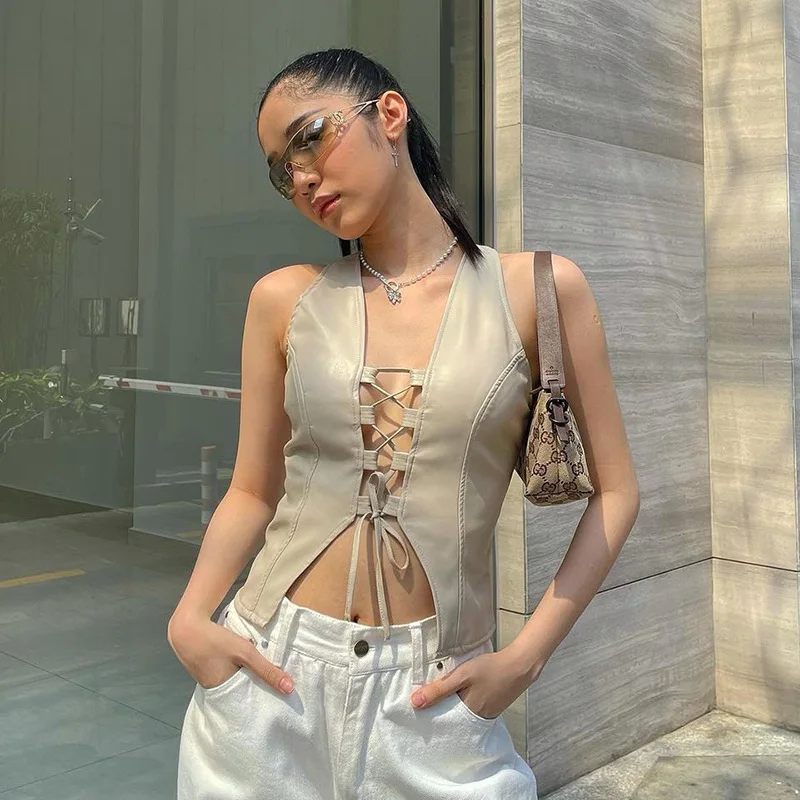 

2021 New Y2K Streetwear Lace-Up PU Leather Vests Vintage Fashion V-neck Hollow Out Slit Sleeveless Crop Tops Summer Casual