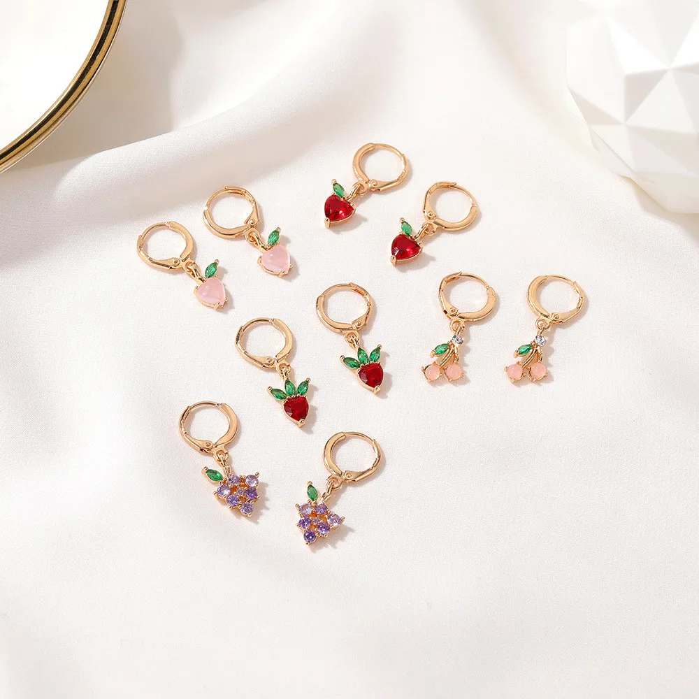 

2021 New Summer Hot Gold Color CZ Fruit Cherry Apple Grape Peach Charm Hoop Earrings Girl's Cute Small Sweet Hoop Earring