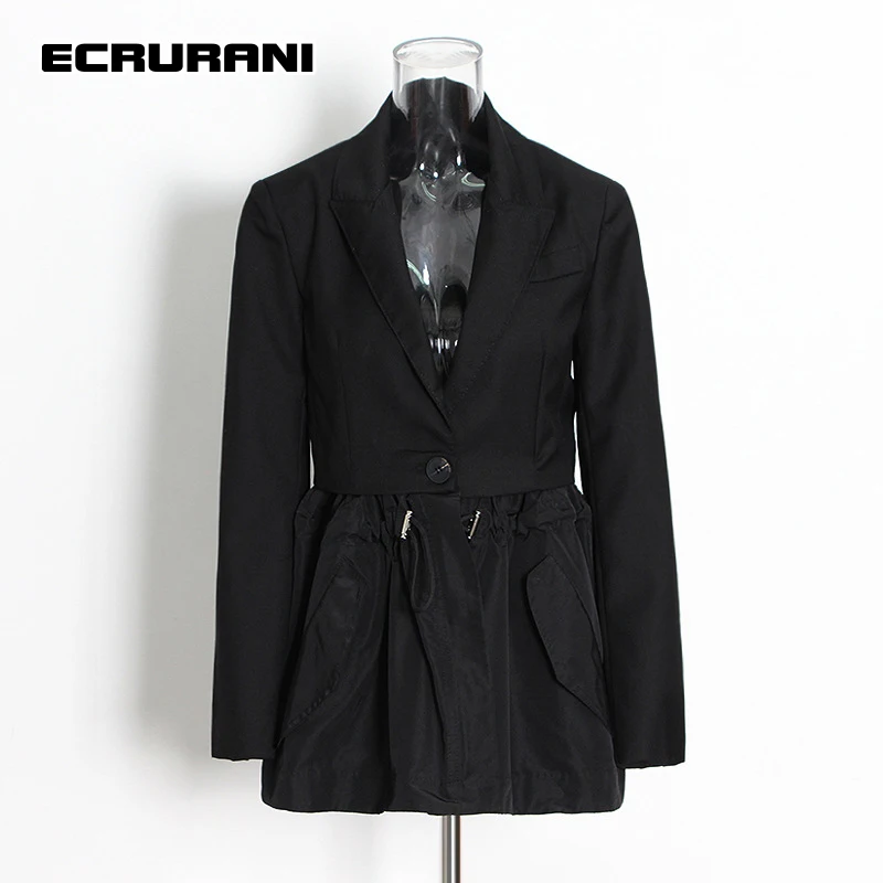 

ECRURANI Black Casual Fold Pleated Blazer For Females Lapel Long Sleeve Slimming Solid Patchwork Blazers Women's 2021 Autumn New
