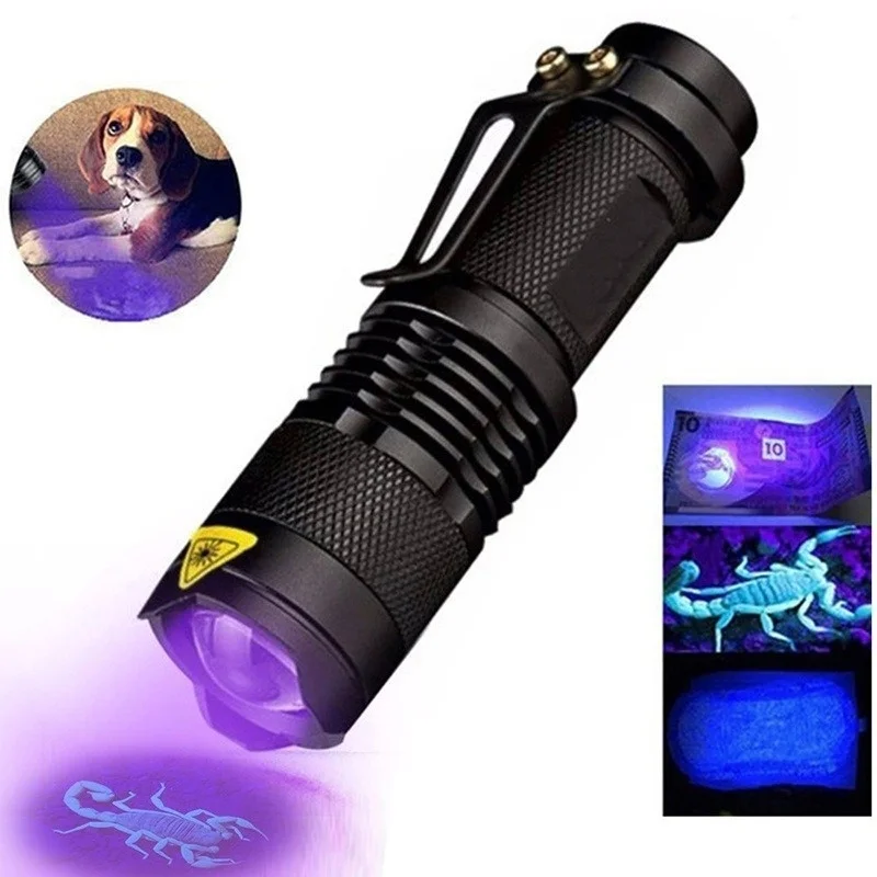 

LED UV Flashlight Ultraviolet Torch Zoomable Mini Aluminum UV Blacklight Pet Urine Stains Detection Scorpion Hunting Check Light