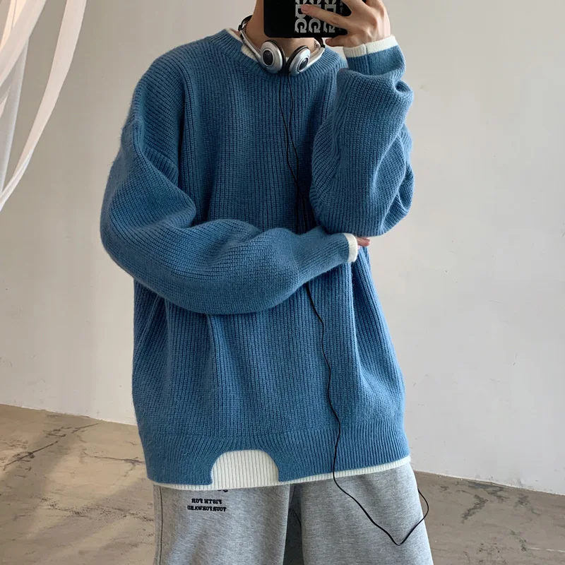 

Мужской свитер, модный Свободный теплый вязаный пуловер с круглым вырезом, мужская повседневная шикарная одежда с соединением, уютная улич...