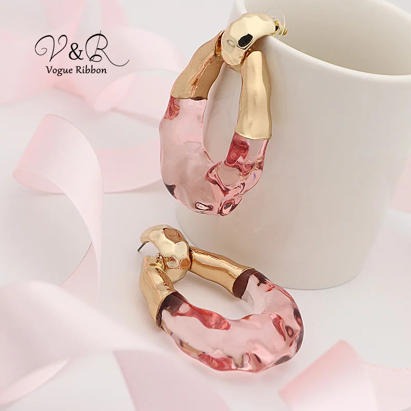 Statement Textured Hammered Metal Stud Resin Hoop Earring Pink Acrylic Earrings Ethnic Jewellery Trending Products 2019 For Lady | Украшения