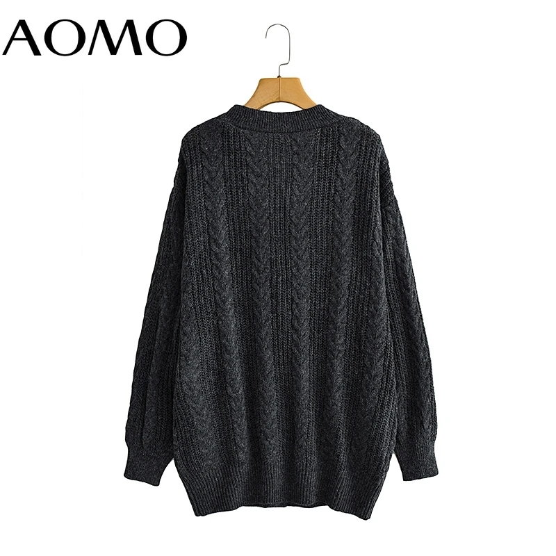

AOMO Women Black Gray Twist Long Cardigan Vintage Jumper Lady Fashion Oversized Knitted Cardigan Coat BC178A