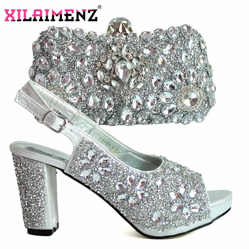 

Christmas Restriction New Arrivals Sweet Ladies Mathing Shoes and Bag Silver Set For Party Decorate with Rhiinestone for Party