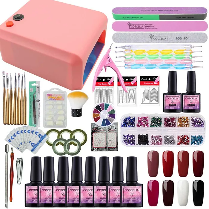 8pc Full kit Полный для ухода за ногтями Маникюрный набор с 80/36/24W УФ-светодиодный светильник для нейл Арта, комплект инструментов и био-Гели Soak Off Гель-лак для ногтей, сверлильный станок для маникюрного набора - Цвет: 8pc Full kit