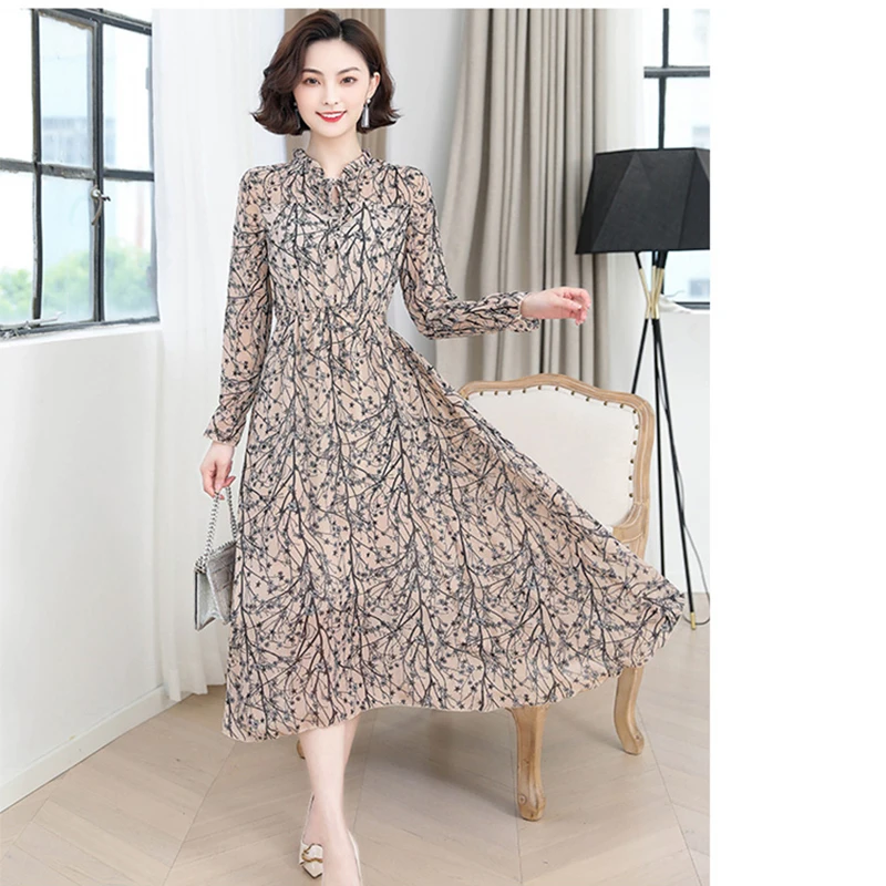 Летнее дамское шифоновое платье Осеннее модное элегантное с длинным рукавом и