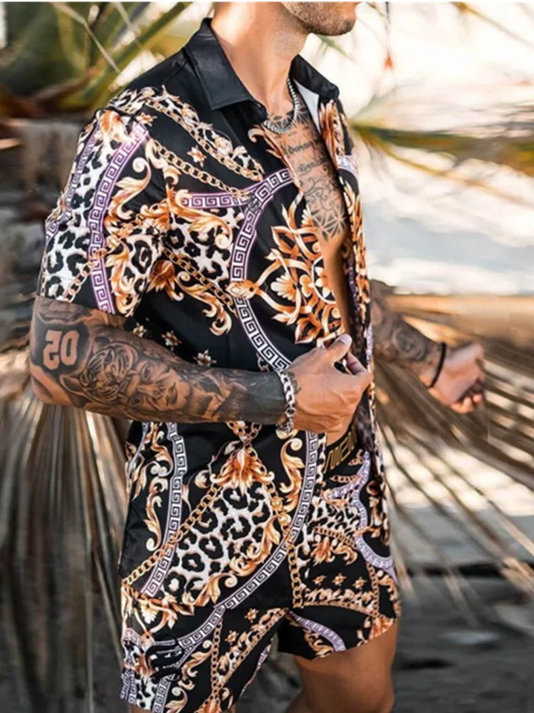 

Men's Suit Trip Hawaiian Beach Style Digital Print Cardigan Short Shirt Jogging Digital Print Shorts 2 Piece Suit