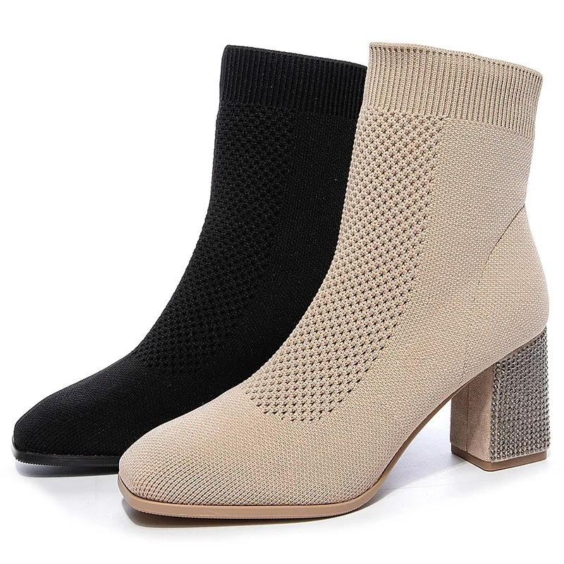 Новинка женские ботинки до середины икры из эластичной ткани с кристаллами