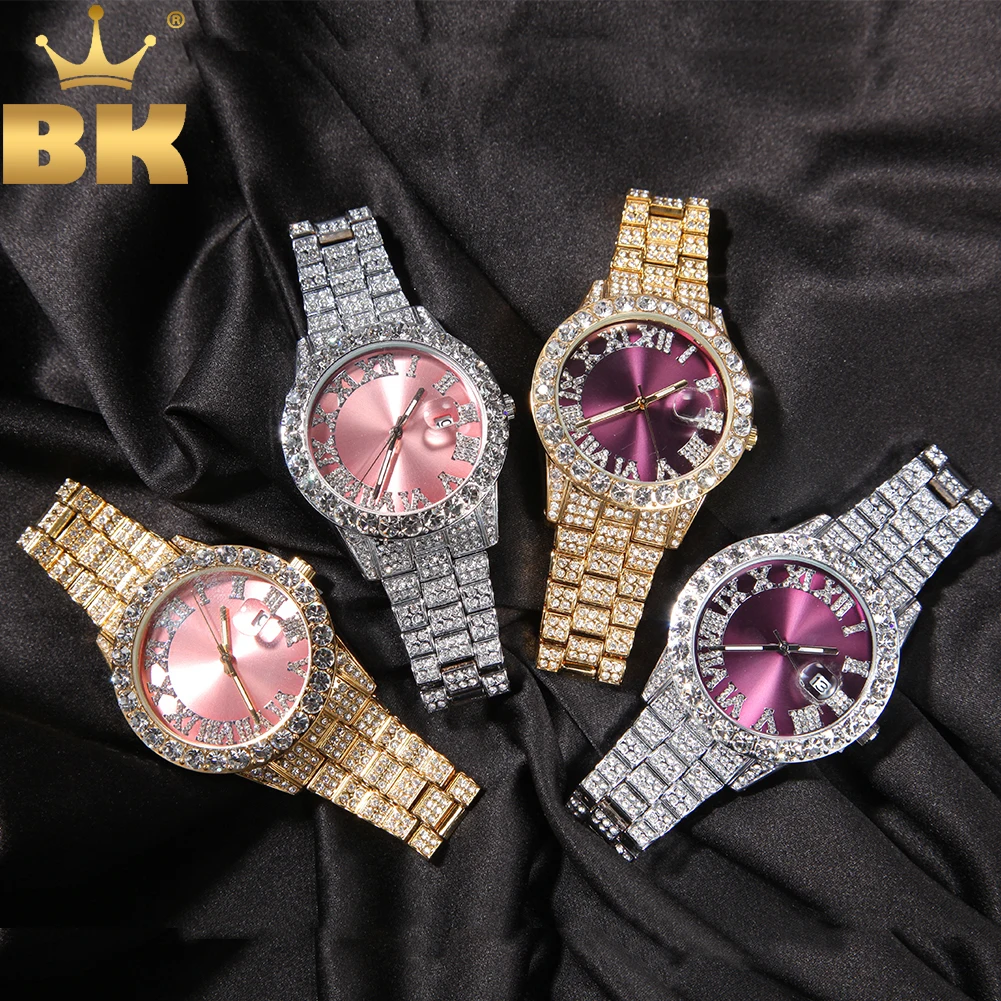

THE BLING KING Men's Watch Big Pink Purple Blue Dial Iced Out Quartz Clock Luxury Rhinestone Business Waterproof Wrist Watches