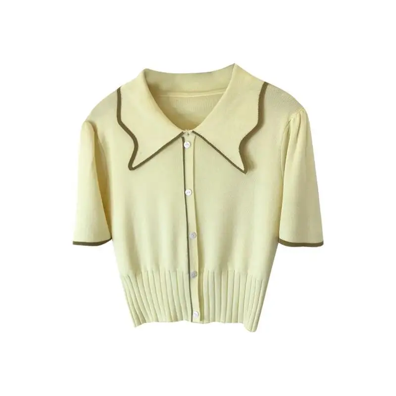 

Short baby collar ice silk short sleeve T-shirt women's summer 2021 new foam sleeve waist down French knitting top