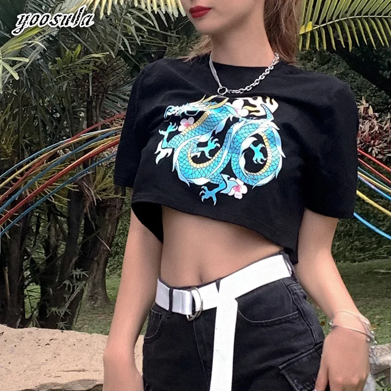 Женский хлопковый топ с принтом дракона коротким рукавом | Женская одежда