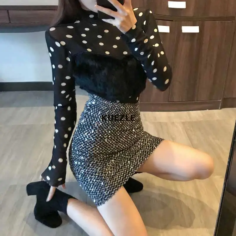 

Bodycon Mini Skirts Sexy High Waist Pencil Skirt Women Sparkling Stretch Mini Hip Skirt Streetwear Black Short Skirt