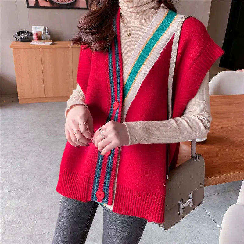 

Woman Knitted V-Neck Sweater Vest 2022 Spring Autumn Female Retro Sleeveless Jackets Cardigan Ladies Solid Color Waistcoat Q255