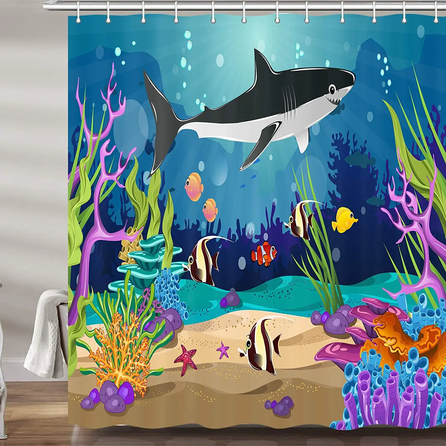 Kids Ocean Shark Shower Curtain Cartoon Underwater Sea Tropical Fish Colorful Coral Boy Shower Curtains Set Bathroom Accessories