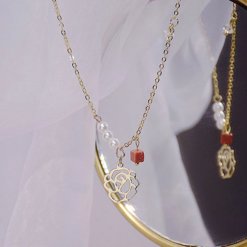 

Vintage Elegant 14k Real Gold Rose Flower Pearl Charming Temperament Chain Pendant Necklace for Women High Quality Jewelry Party