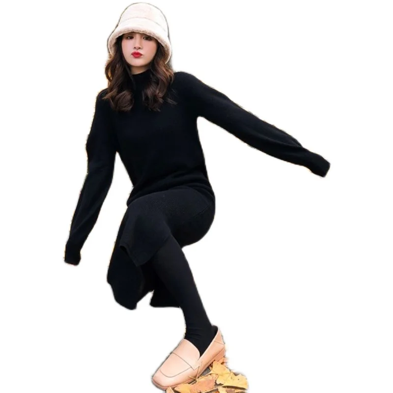 

COIGARSAM Office Lady Full Sleeve Women dress Winter Korea Style Loose Solid Upset Turtleneck Dresses Black Red 0142