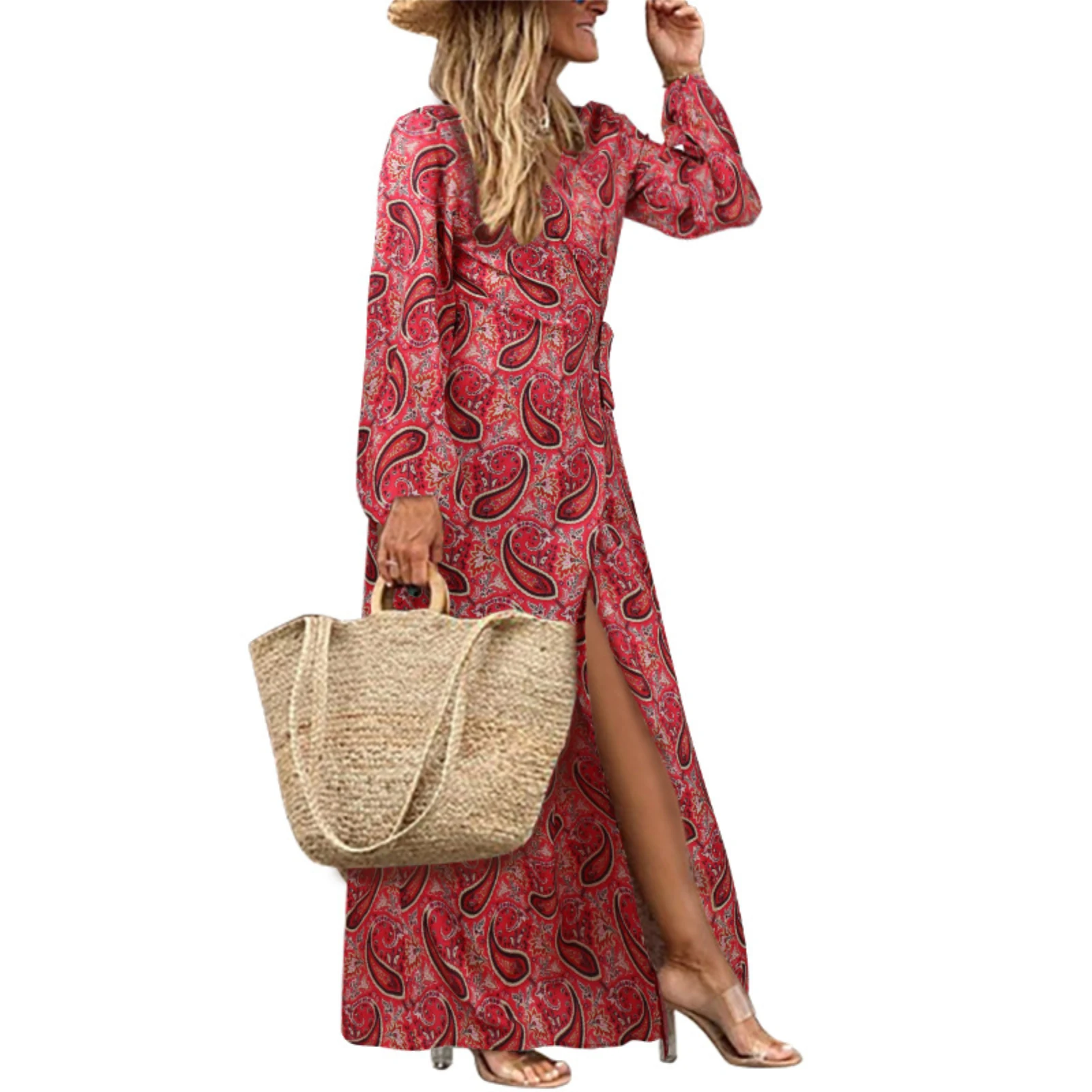 

Boho Women Autumn Winter V Neck Long Sleeve Paisley Print Split Hem Maxi Dress