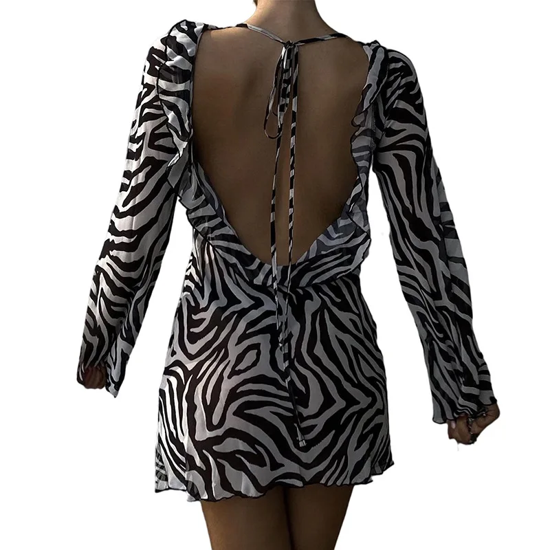 

Sexy Zebra Print Long Sleeve Women Dress O Neck Ruffle High Waist Patchwork Female Dresses Backless Bandage Halter Dress 2021