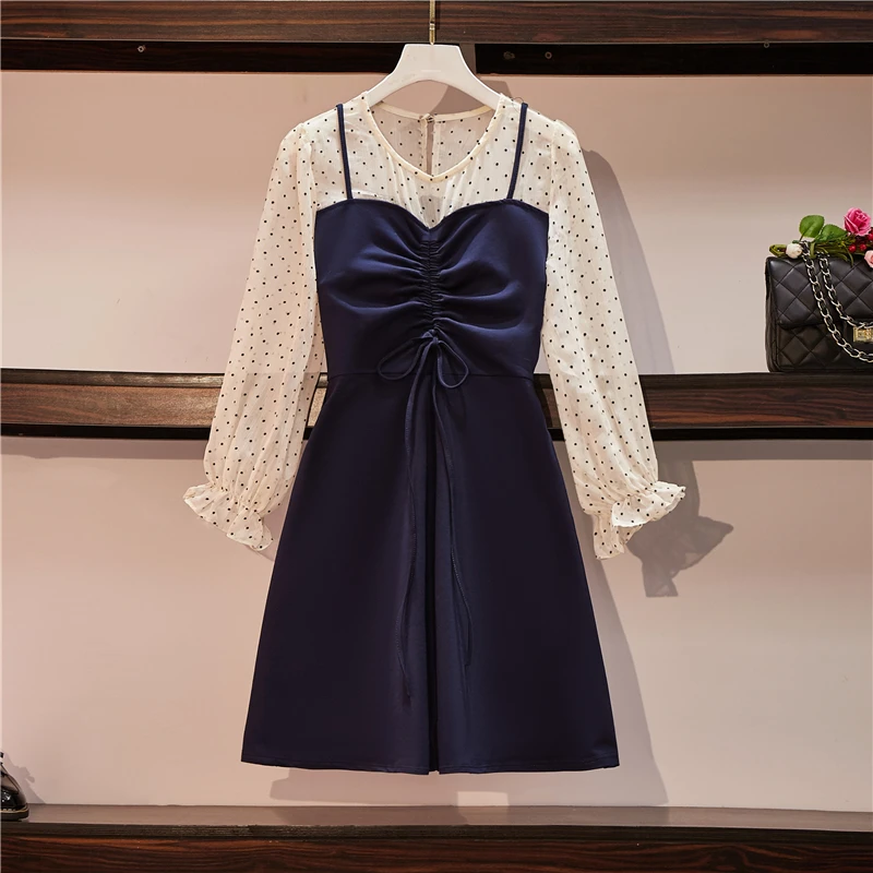 Женское ТРАПЕЦИЕВИДНОЕ ПЛАТЬЕ милое винтажное мини-платье в горошек с длинным