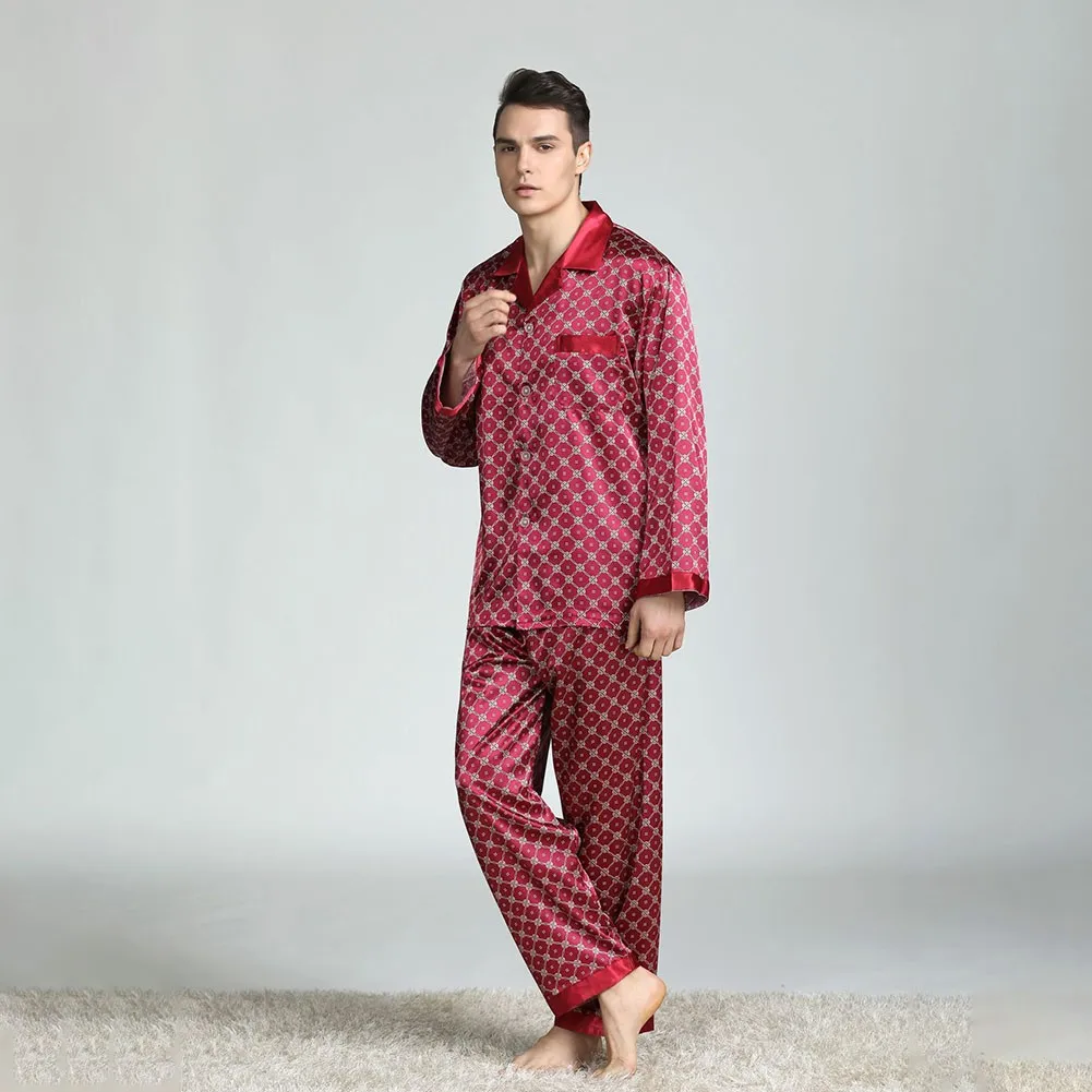 

2Pcs Men Soft Pajamas Set Loungewear Night Gown Top Pants Silk Stain Sleepwear Men's Long-sleeved Trousers Two-piece Home Servi