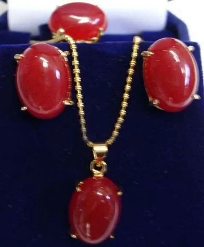 

Set 3 PCS Women Jewelry Red Jade Pendant Necklace & Earrings & Ring Gift