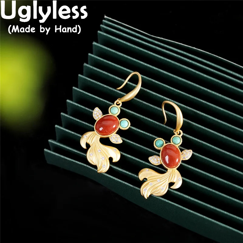 

Uglyless Creative Goldfish Earrings for Women Natural Agate Turquoise Fish Earrings 925 Silver Animals Brincos Gold Gift Jewelry