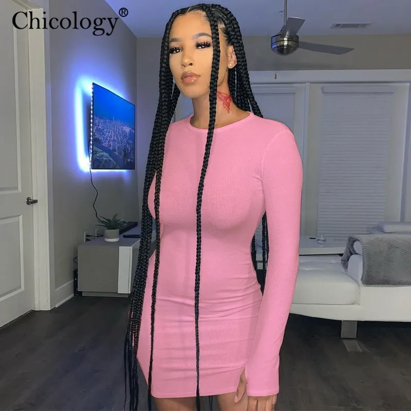 Chicology однотонное облегающее мини-платье в рубчик с длинным рукавом модель 2020