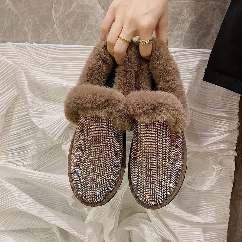 

Bling Crystal Warm Snow Boots Women Flats Heel Colorful Rhinestones Diamonds Winter Plush Fur Shoes Woman