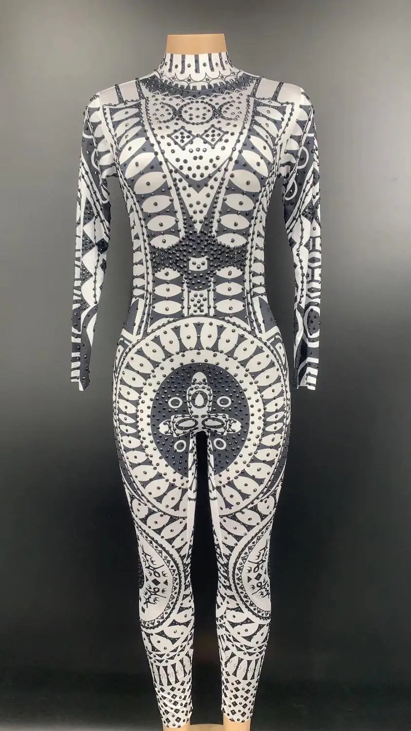 White Black Printed Rhinestones Spandex Jumpsuit Women Singer Dancer Celebrate Outfit Party Outfit Leggings
