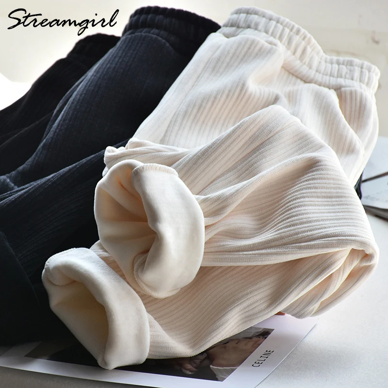 

Женские теплые брюки, женские флисовые зимние винтажные плотные брюки с эластичным поясом, женские зимние теплые флисовые брюки, бархатные ...