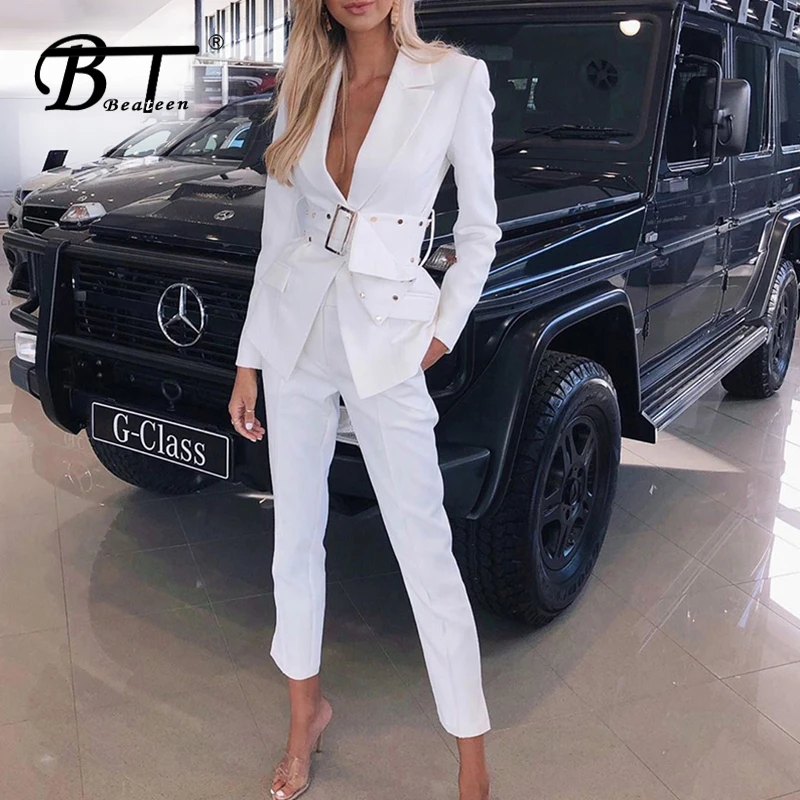 

Beateen Trendy Two-Piece Set V Neck Long Sleeve Gold-Studded Detail Buckle Belt Blazer Straight Pants 2019 New Office Lady Suits