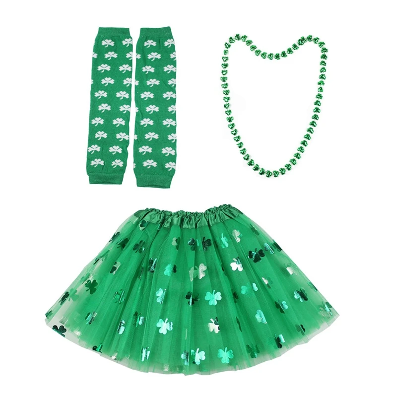 

Saint Patrick Day Costume Set Shamrock Clover Tutu Skirt Arm Warmers Necklace 83XF
