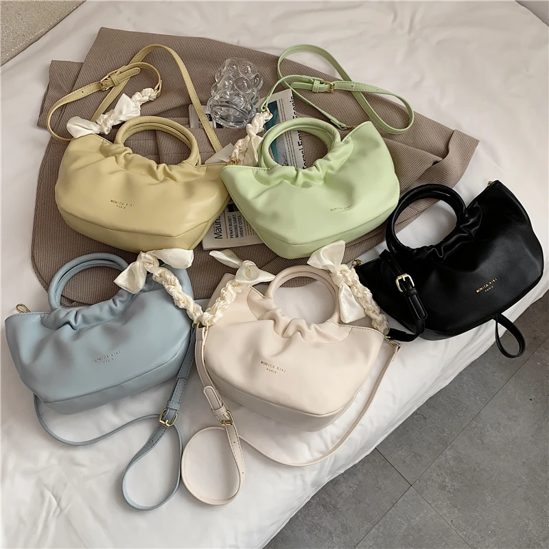 

Spring Summer Ruched Round Ring Handle Women Handbags Brand Designer Scarf Bucket Soft Ladies Shoulder Crossbody Bags New 2021